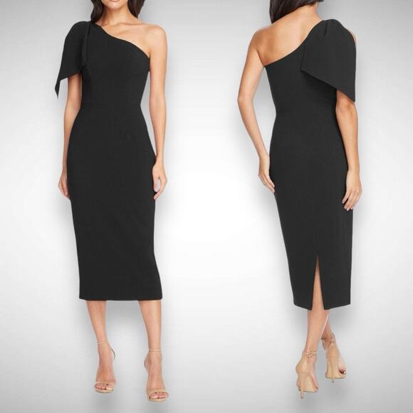 Dress the Population Tiffany Black Bow One Shoulder Midi‎ Dress Size XXL 2XL LBD - Picture 1 of 13